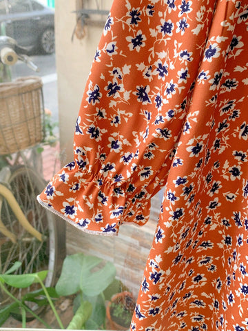 Blossori Young Girls' French Elegant Red Ditsy Floral Contrast Color Cotton Peter Pan Collar Button Front Dress, Autumn/Winter