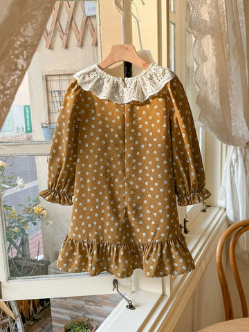 Blossori Young Girls' French Elegant White And Beige Floral Printed Round Neck Woven Dress, Spring/Summer