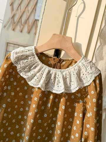 Blossori Young Girls' French Elegant White And Beige Floral Printed Round Neck Woven Dress, Spring/Summer