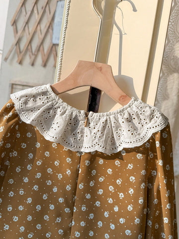 Blossori Young Girls' French Elegant White And Beige Floral Printed Round Neck Woven Dress, Spring/Summer
