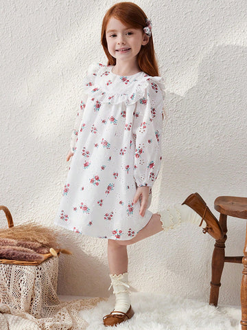 Blossori Young Girls French Elegant White Background Red Floral Print Loose Woven Dress, Autumn/Winter