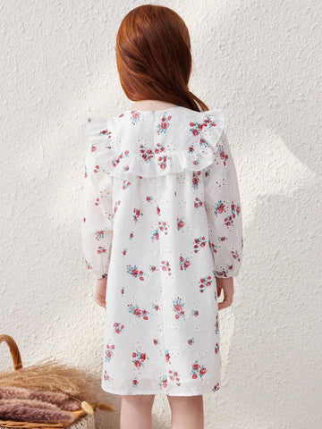 Blossori Young Girls French Elegant White Background Red Floral Print Loose Woven Dress, Autumn/Winter