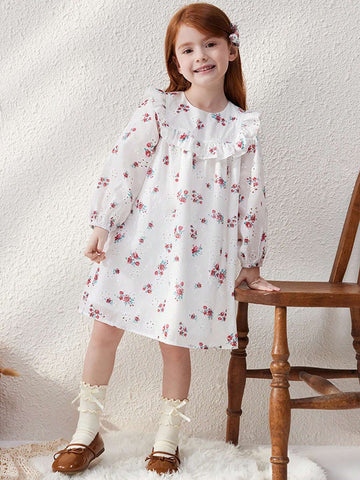 Blossori Young Girls French Elegant White Background Red Floral Print Loose Woven Dress, Autumn/Winter