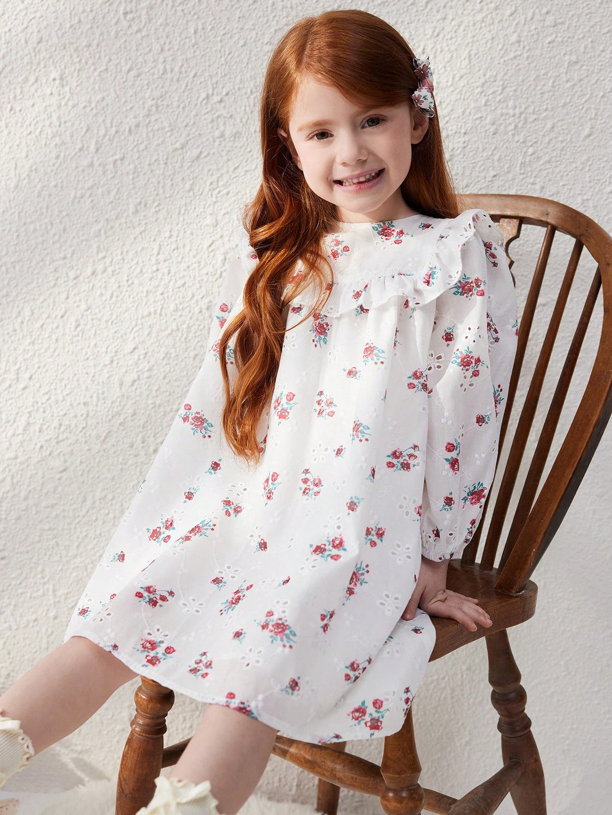 Blossori Young Girls French Elegant White Background Red Floral Print Loose Woven Dress, Autumn/Winter