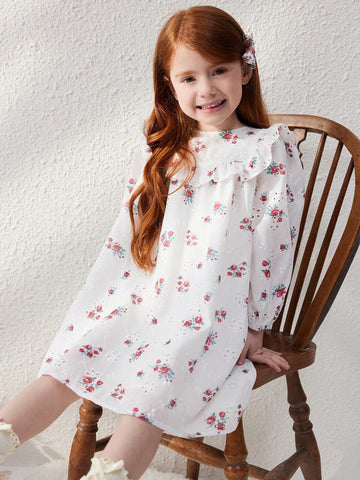 Blossori Young Girls French Elegant White Background Red Floral Print Loose Woven Dress, Autumn/Winter