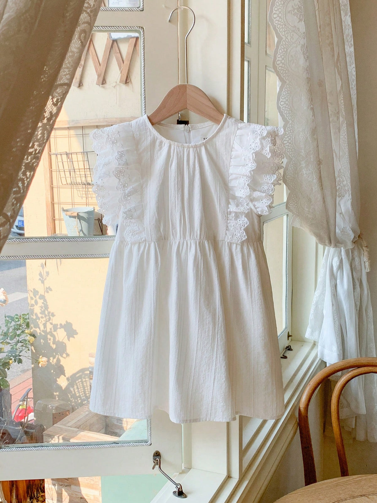 Blossori Young Girls French Elegant White Solid Embroidered Cotton Woven Round Neck Dress, Spring/Summer