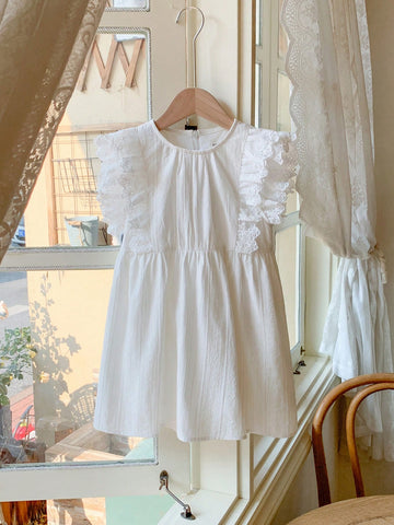 Blossori Young Girls French Elegant White Solid Embroidered Cotton Woven Round Neck Dress, Spring/Summer