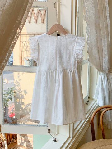 Blossori Young Girls French Elegant White Solid Embroidered Cotton Woven Round Neck Dress, Spring/Summer