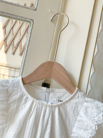 Blossori Young Girls French Elegant White Solid Embroidered Cotton Woven Round Neck Dress, Spring/Summer