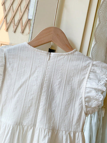 Blossori Young Girls French Elegant White Solid Embroidered Cotton Woven Round Neck Dress, Spring/Summer