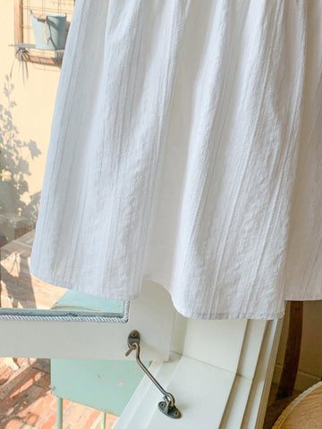 Blossori Young Girls French Elegant White Solid Embroidered Cotton Woven Round Neck Dress, Spring/Summer