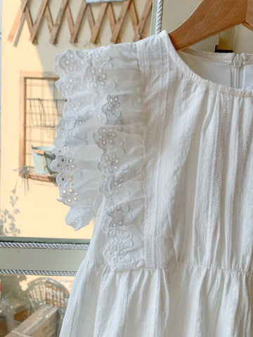 Blossori Young Girls French Elegant White Solid Embroidered Cotton Woven Round Neck Dress, Spring/Summer