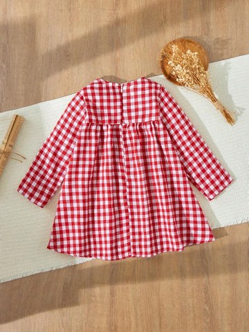 Blossori Young Girls Red & White Plaid Knit Loose Fit Round Neck Elegant Dress, Autumn/Winter