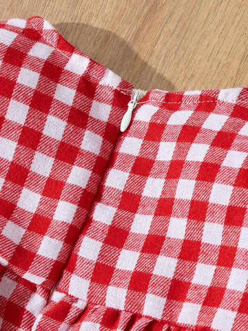 Blossori Young Girls Red & White Plaid Knit Loose Fit Round Neck Elegant Dress, Autumn/Winter
