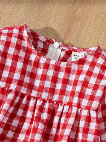 Blossori Young Girls Red & White Plaid Knit Loose Fit Round Neck Elegant Dress, Autumn/Winter