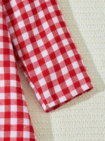 Blossori Young Girls Red & White Plaid Knit Loose Fit Round Neck Elegant Dress, Autumn/Winter