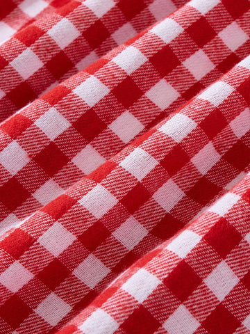 Blossori Young Girls Red & White Plaid Knit Loose Fit Round Neck Elegant Dress, Autumn/Winter