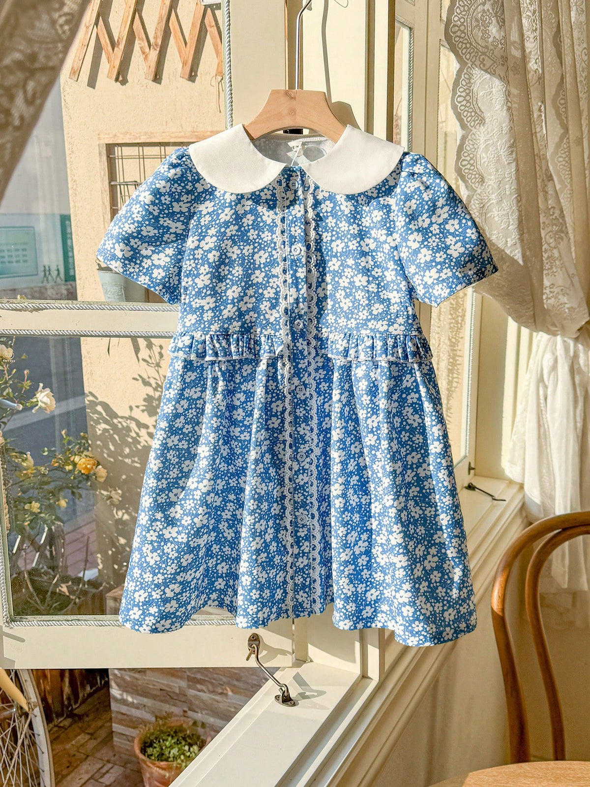 Blossori Young Girls' Spring/Summer Elegant Blue Solid Embroidered Woven Peter Pan Collar Dress