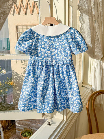 Blossori Young Girls' Spring/Summer Elegant Blue Solid Embroidered Woven Peter Pan Collar Dress