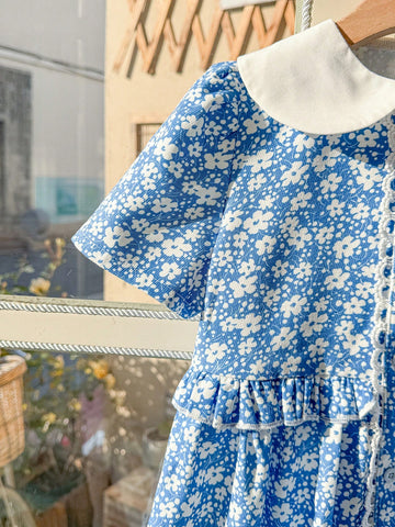 Blossori Young Girls' Spring/Summer Elegant Blue Solid Embroidered Woven Peter Pan Collar Dress