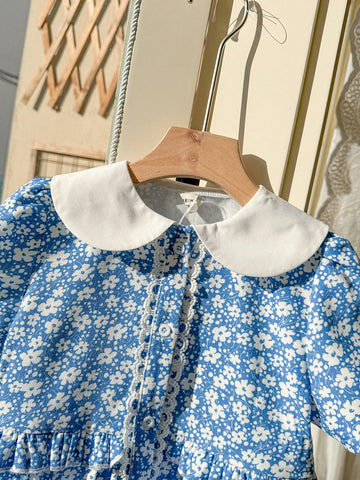 Blossori Young Girls' Spring/Summer Elegant Blue Solid Embroidered Woven Peter Pan Collar Dress
