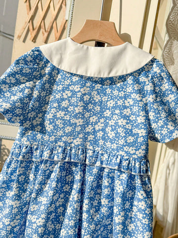 Blossori Young Girls' Spring/Summer Elegant Blue Solid Embroidered Woven Peter Pan Collar Dress