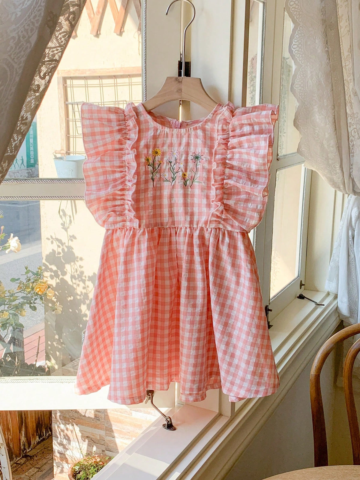 Blossori Young Girls Spring/Summer French Elegant Pink Plaid Woven Embroidered Dress
