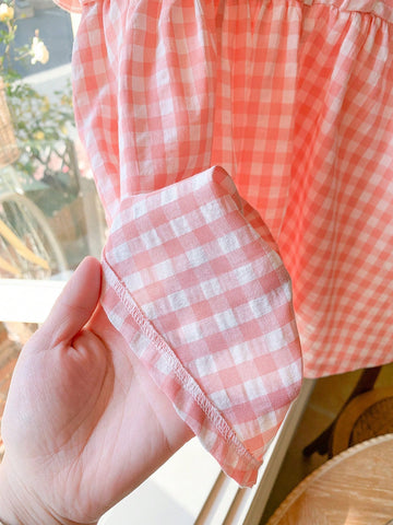 Blossori Young Girls Spring/Summer French Elegant Pink Plaid Woven Embroidered Dress