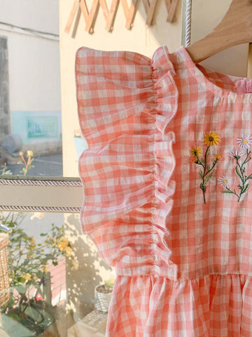 Blossori Young Girls Spring/Summer French Elegant Pink Plaid Woven Embroidered Dress