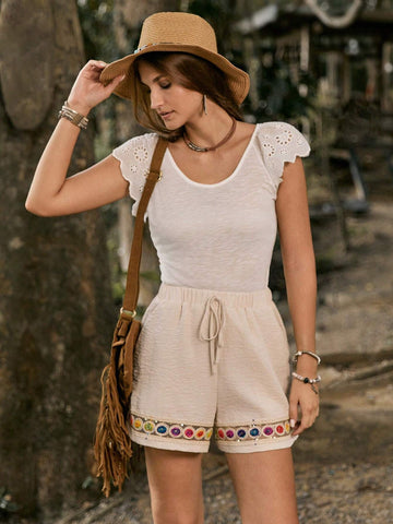 BohoFeels A-Line Elastic Waist Colorful Lace Trim Patchwork Women's Shorts