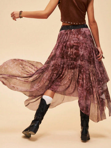 BohoFeels Asymmetric Hem Skirt With Vacation Style Floral Print And Ruffles