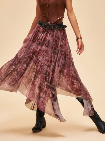 BohoFeels Asymmetric Hem Skirt With Vacation Style Floral Print And Ruffles