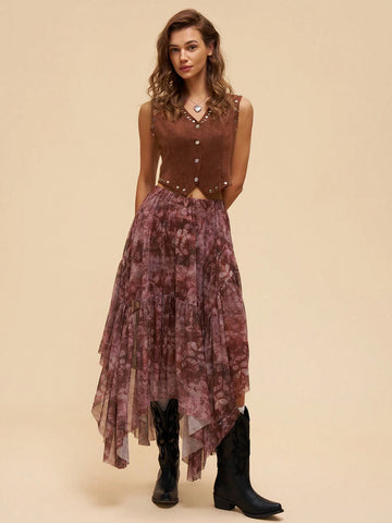 BohoFeels Asymmetric Hem Skirt With Vacation Style Floral Print And Ruffles