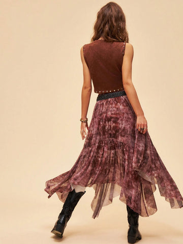 BohoFeels Asymmetric Hem Skirt With Vacation Style Floral Print And Ruffles