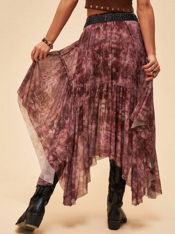 BohoFeels Asymmetric Hem Skirt With Vacation Style Floral Print And Ruffles