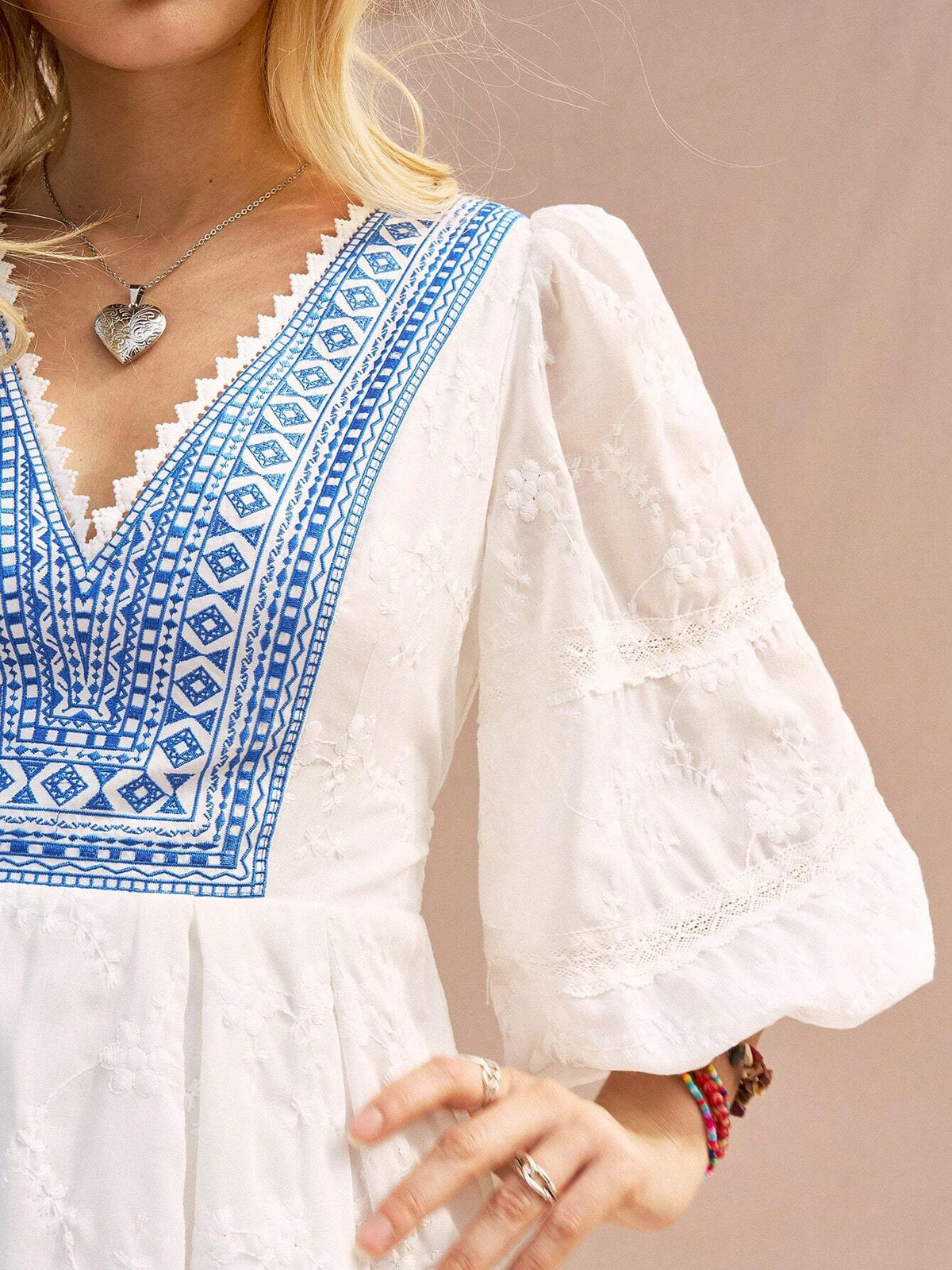 Geometric Print Embroidery Ladies V-Neck Lantern Sleeve Summer Dress