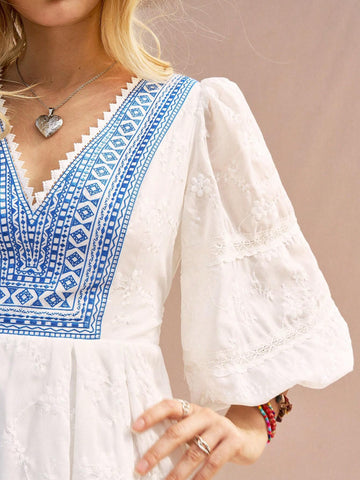 Geometric Print Embroidery Ladies V-Neck Lantern Sleeve Summer Dress
