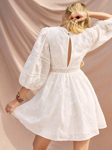 Geometric Print Embroidery Ladies V-Neck Lantern Sleeve Summer Dress