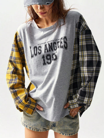 BohoFeels Colorblock Plaid Letter Print Loose Long Sleeve T-Shirt For Women