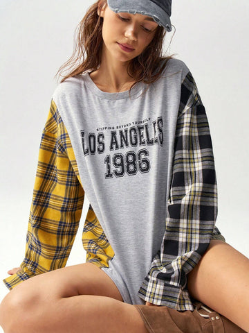 BohoFeels Colorblock Plaid Letter Print Loose Long Sleeve T-Shirt For Women