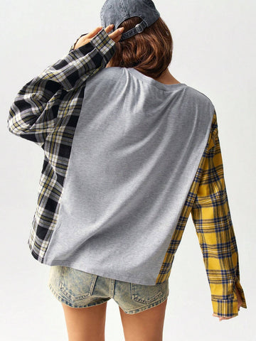 BohoFeels Colorblock Plaid Letter Print Loose Long Sleeve T-Shirt For Women