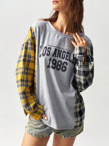 BohoFeels Colorblock Plaid Letter Print Loose Long Sleeve T-Shirt For Women