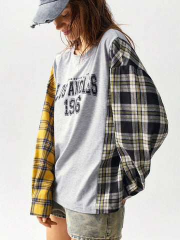 BohoFeels Colorblock Plaid Letter Print Loose Long Sleeve T-Shirt For Women