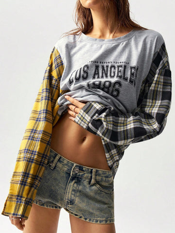 BohoFeels Colorblock Plaid Letter Print Loose Long Sleeve T-Shirt For Women