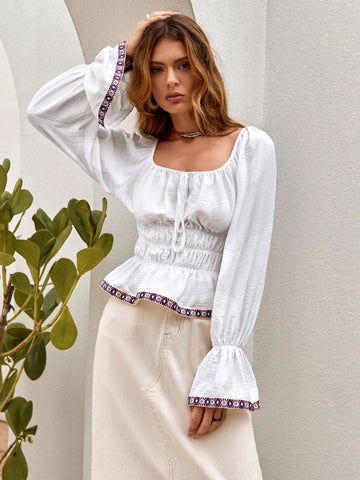 Contrast Trim Flare Sleeve Tie Front Ruffle Hem Blouse