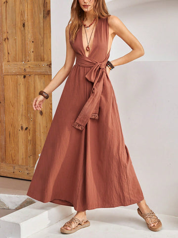 Deep V-Neck Back Crossed Jumpsuit For Women