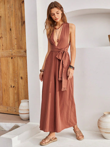 Deep V-Neck Back Crossed Jumpsuit For Women