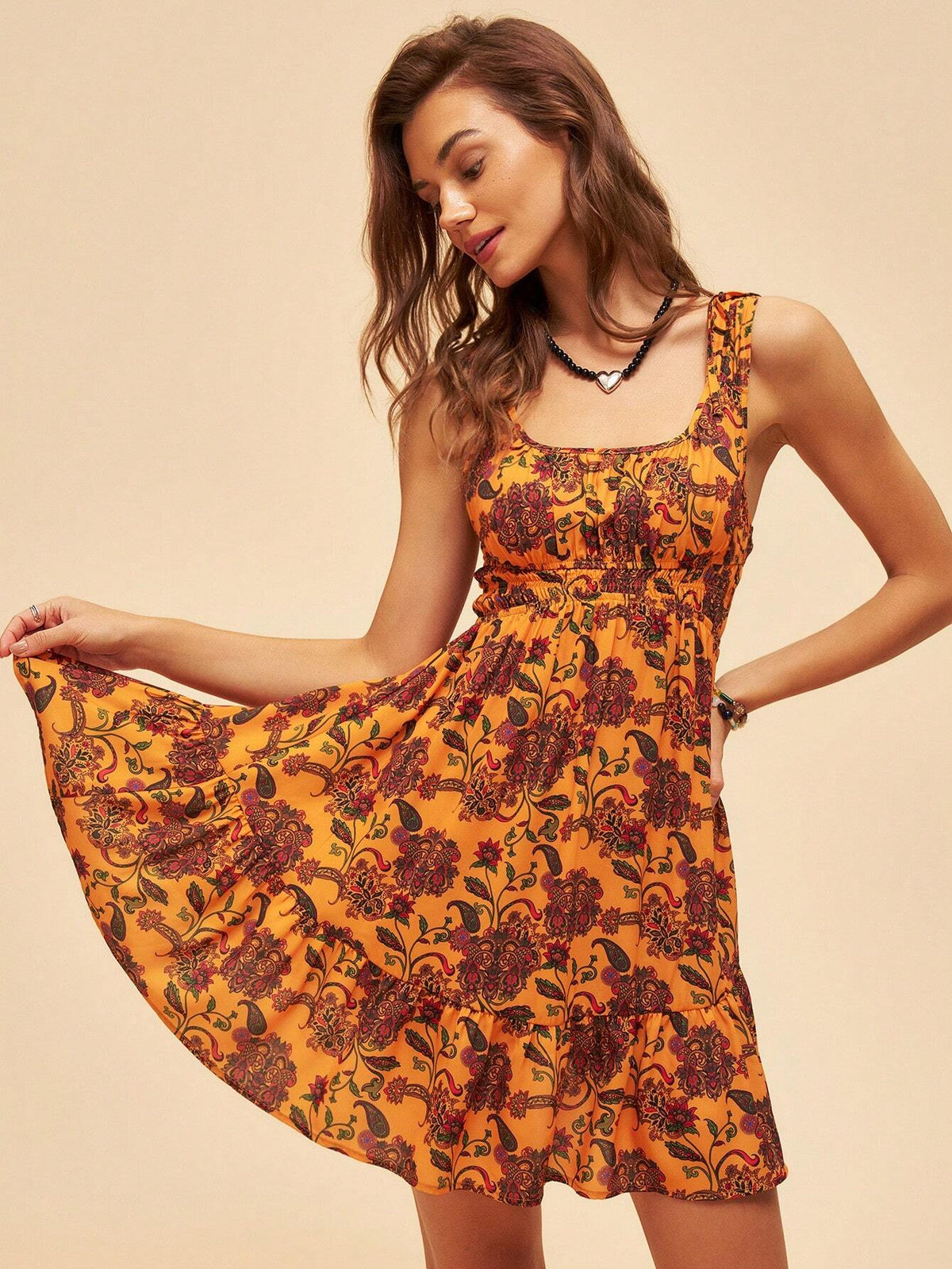 Holiday Floral Print Sleeveless Waist Cinched Dress