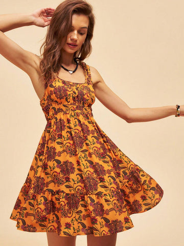 Holiday Floral Print Sleeveless Waist Cinched Dress