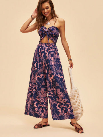 Holiday Full Printed Hollow Out Wide-Leg Strapless Jumpsuit